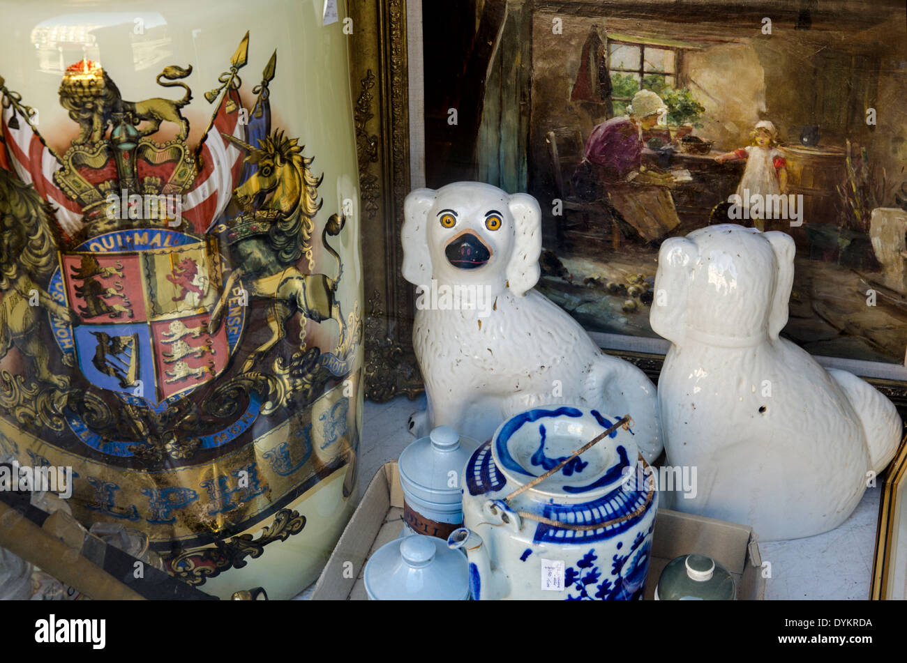 Bric-a-brac on display in the window of an antique shop in Edinburgh. Stock Photo