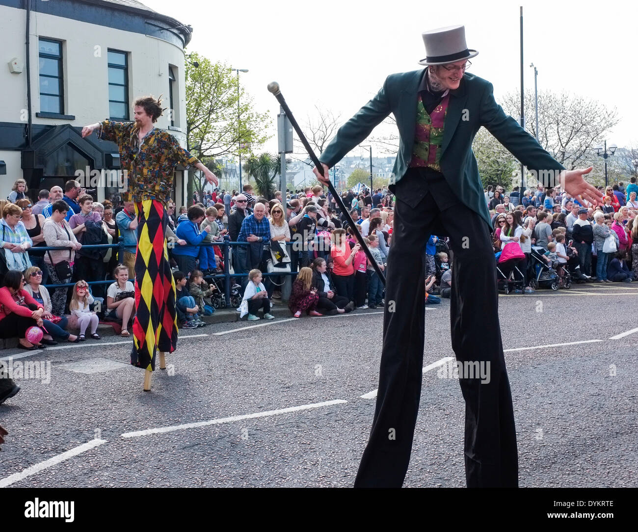 Bangor, Co. Down, Northern Ireland, UK. 21st April 2014. Stilt walkers