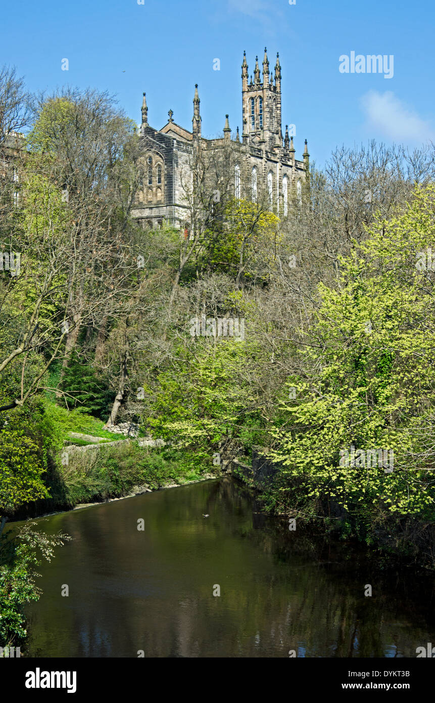 View from the Dean Village in Edinburgh towards Holy Trinity Church built in 1839. Stock Photo