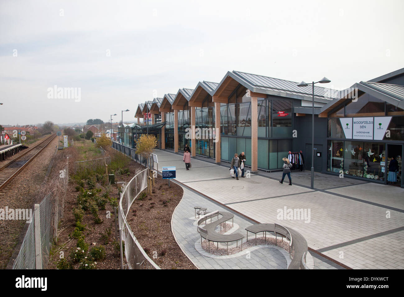 Sheringham's new Tesco store and retail plaza beside the old Bittern railway line to Cromer Stock Photo
