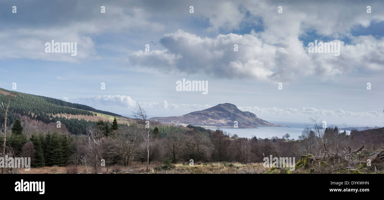 View over Lamlash & Holy Isle from Cnoc na Dail on the Isle of Arran in Scotland. Stock Photo