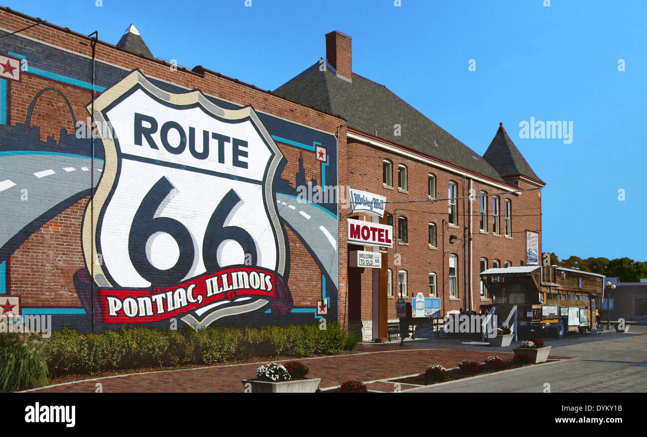 Route 66 mural painted on the back of the Route 66 Hall of Fame and Museum in Pontiac, Illinois a town along Route 66. Stock Photo