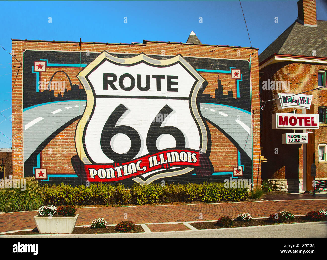Route 66 mural painted on the back of the Route 66 Hall of Fame and Museum in Pontiac, Illinois a town along Route 66. Stock Photo