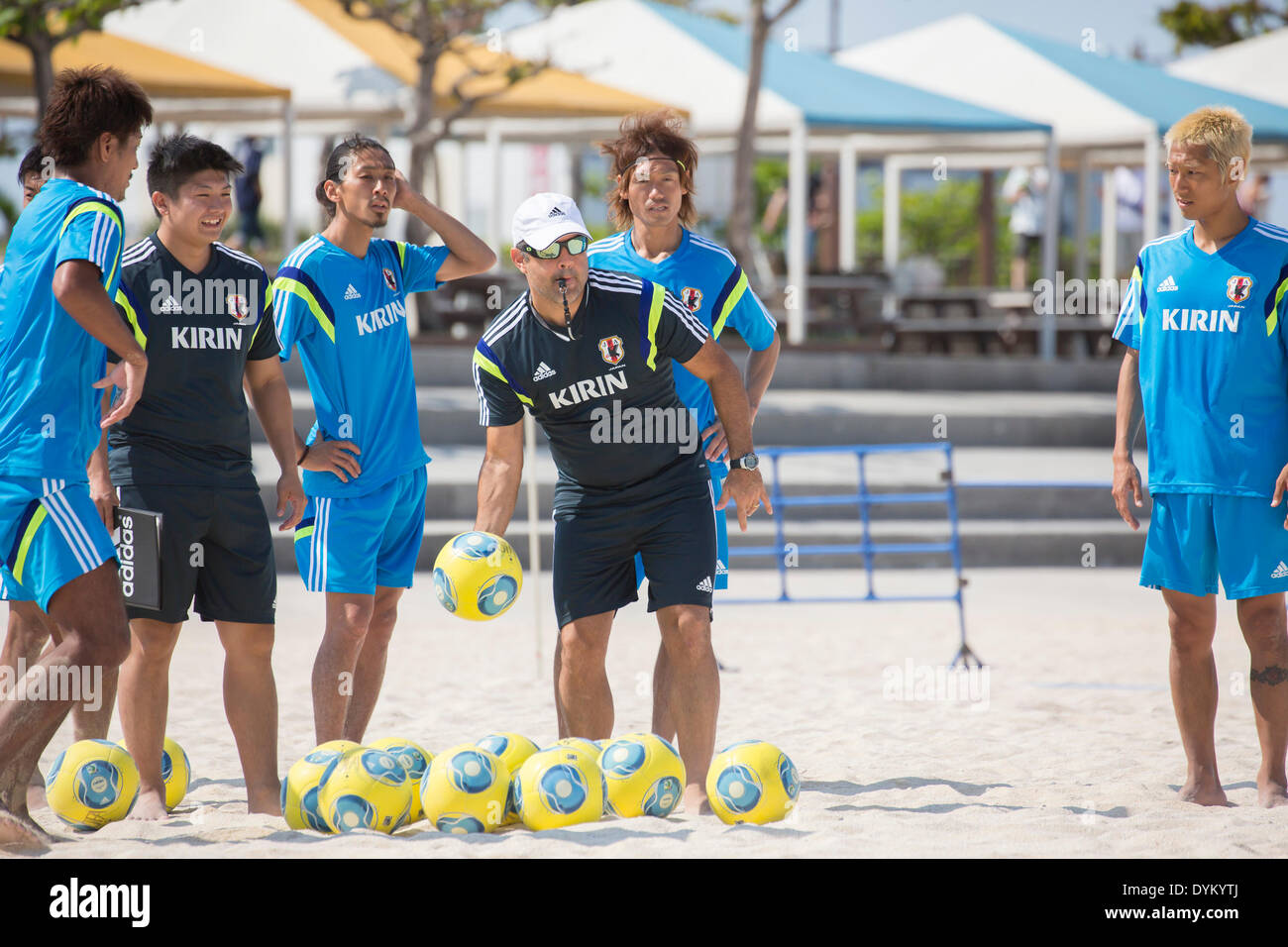 Okinawa, Japan. 20th Apr, 2014. (R-L) Takasuke Goto, Shunta Suzuki, Marcelo Mendes, Masayuki Komaki (JPN) Beach Soccer : Beach Soccer Japan national team candidates training camp in Okinawa, Japan . © Wataru Kohayakawa/AFLO/Alamy Live News Stock Photo