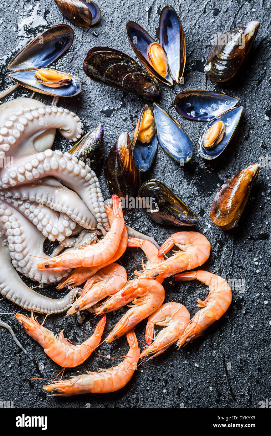 Three kinds of fresh seafood Stock Photo Alamy