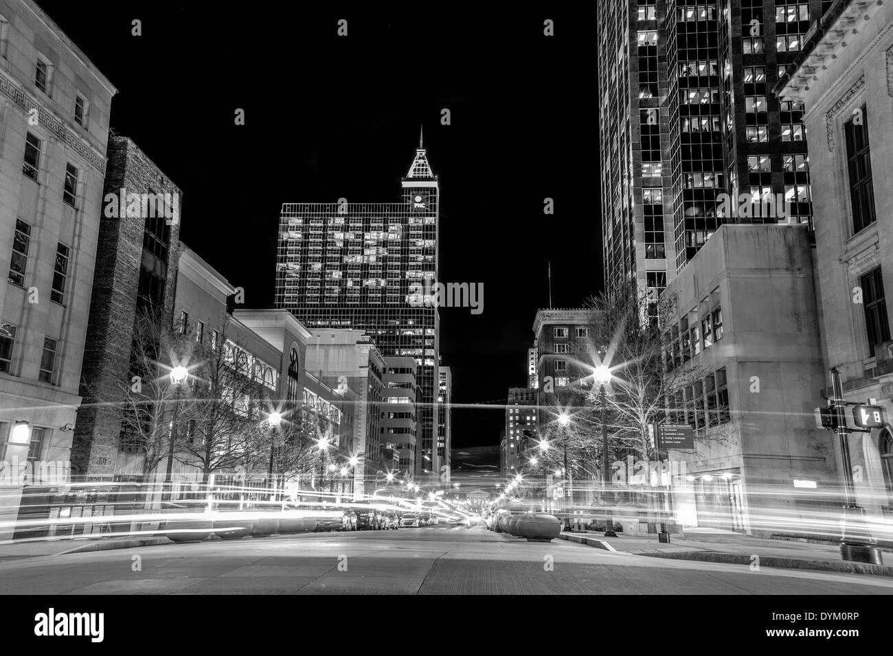 Raleigh NC night photo with light trails black and white Stock Photo