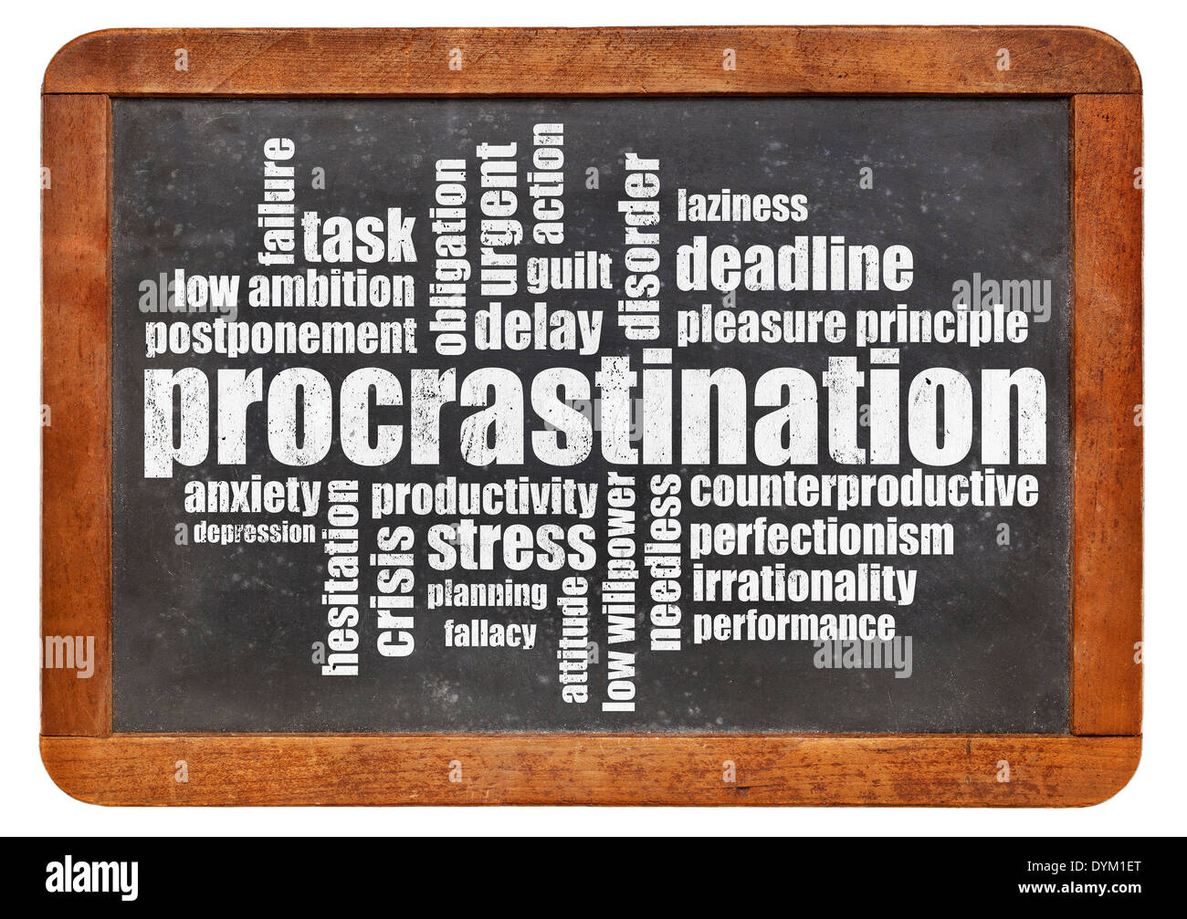 procrastination word cloud on a vintage blackboard isolated on white Stock Photo