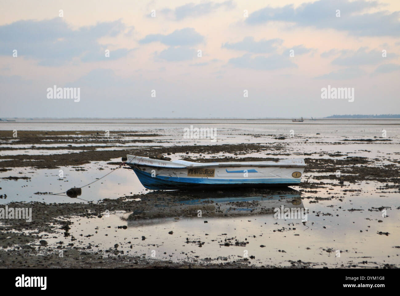Fishing boat stranded in low tide, Sri Lanka Stock Photo