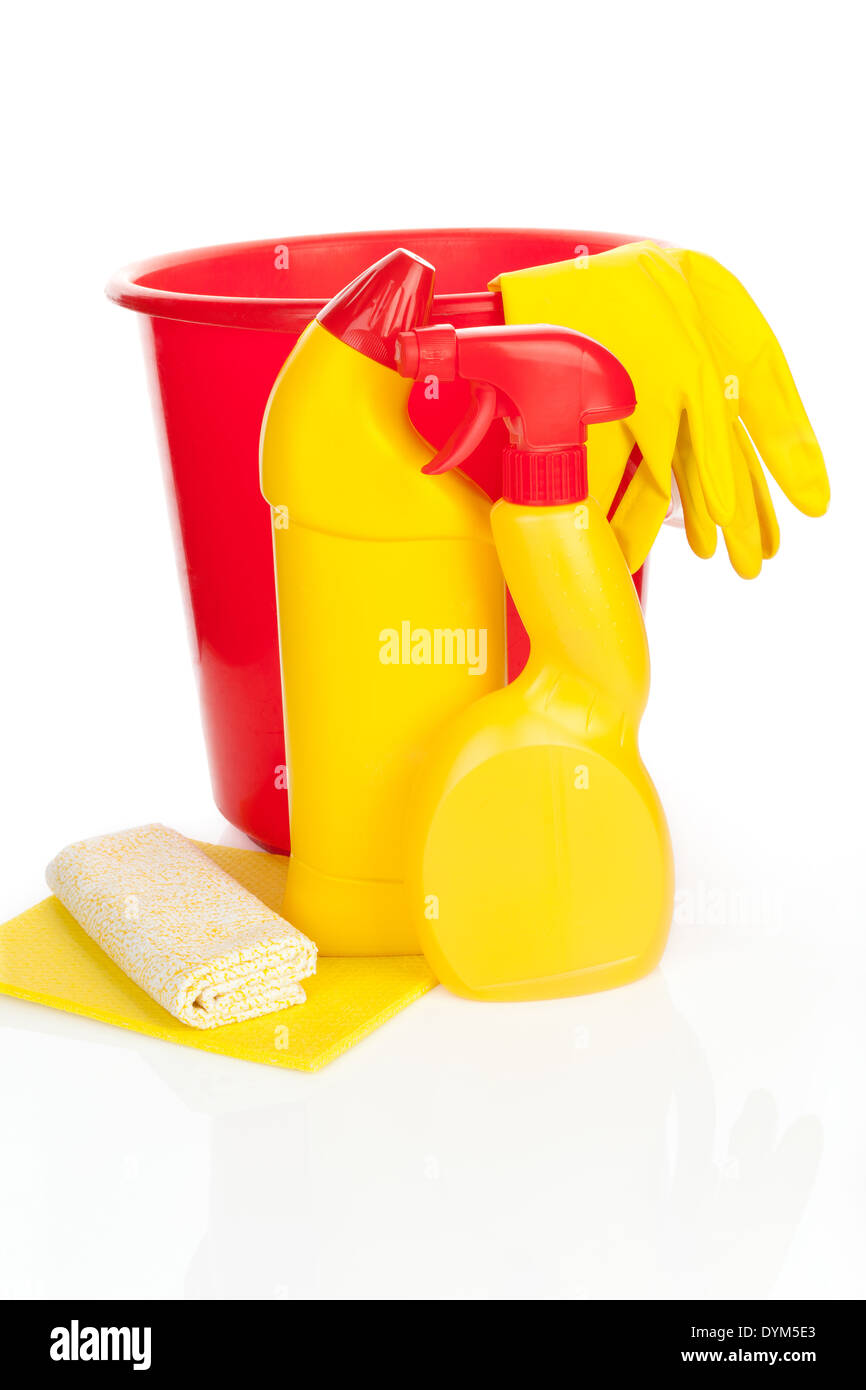 Cleaning products bucket, gloves and sponge in yellow and red