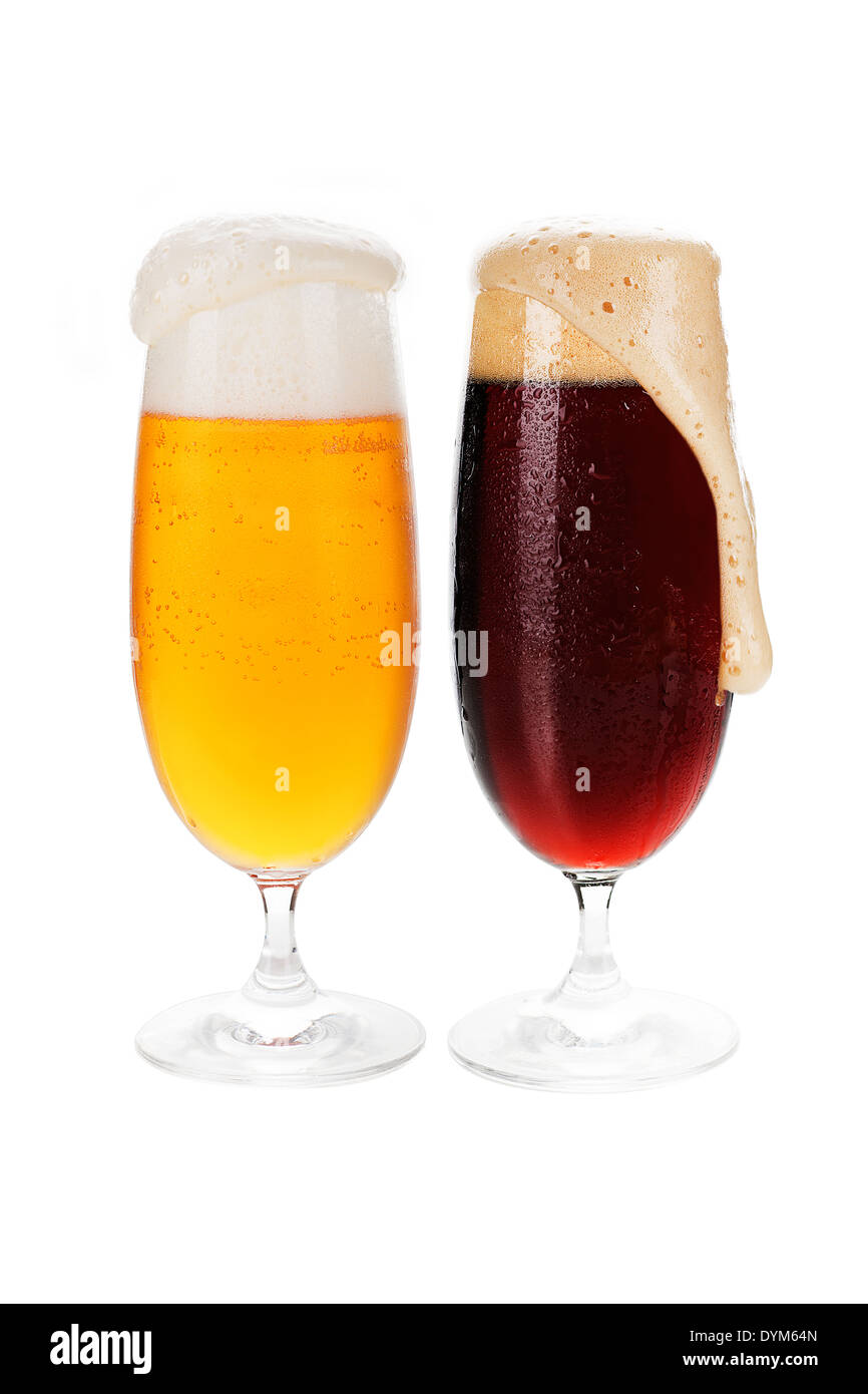 Lager and dark cold beer in glasses isolated on white background Stock