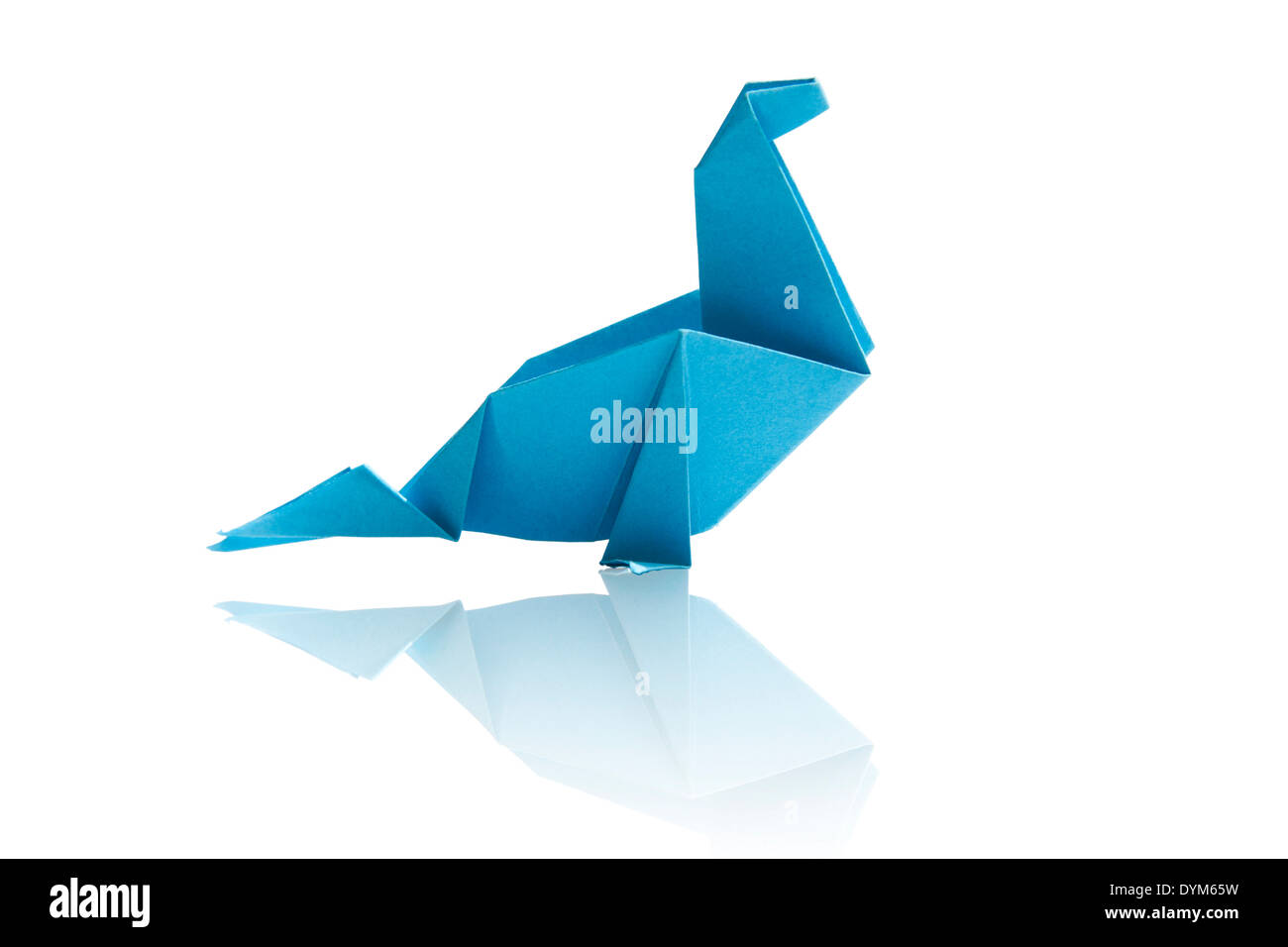 Blue origami dinosaur isolated on white background. Stock Photo