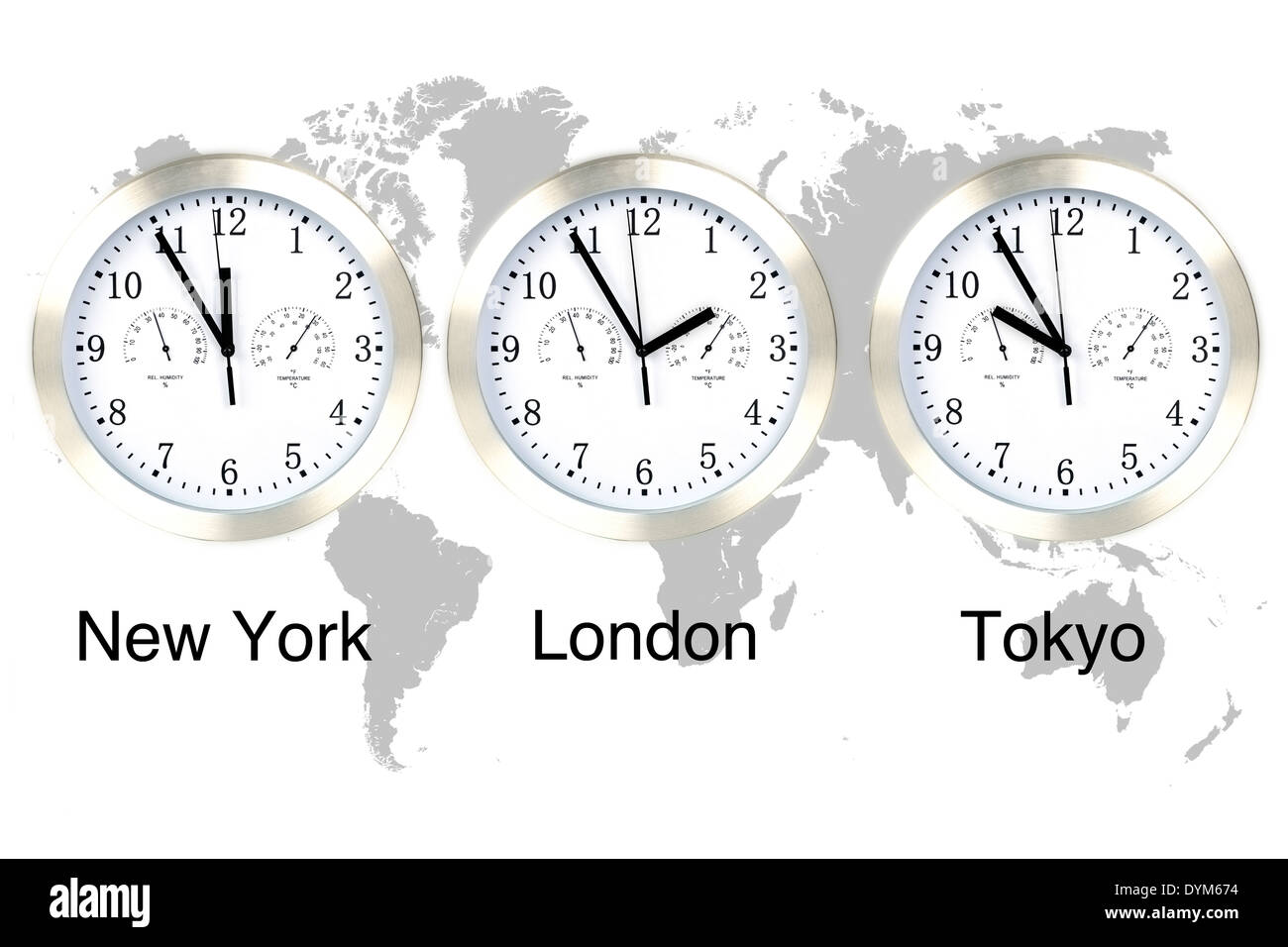 World time zones. Time in London, New York and Tokyo, three clocks against  grey world map Stock Photo - Alamy