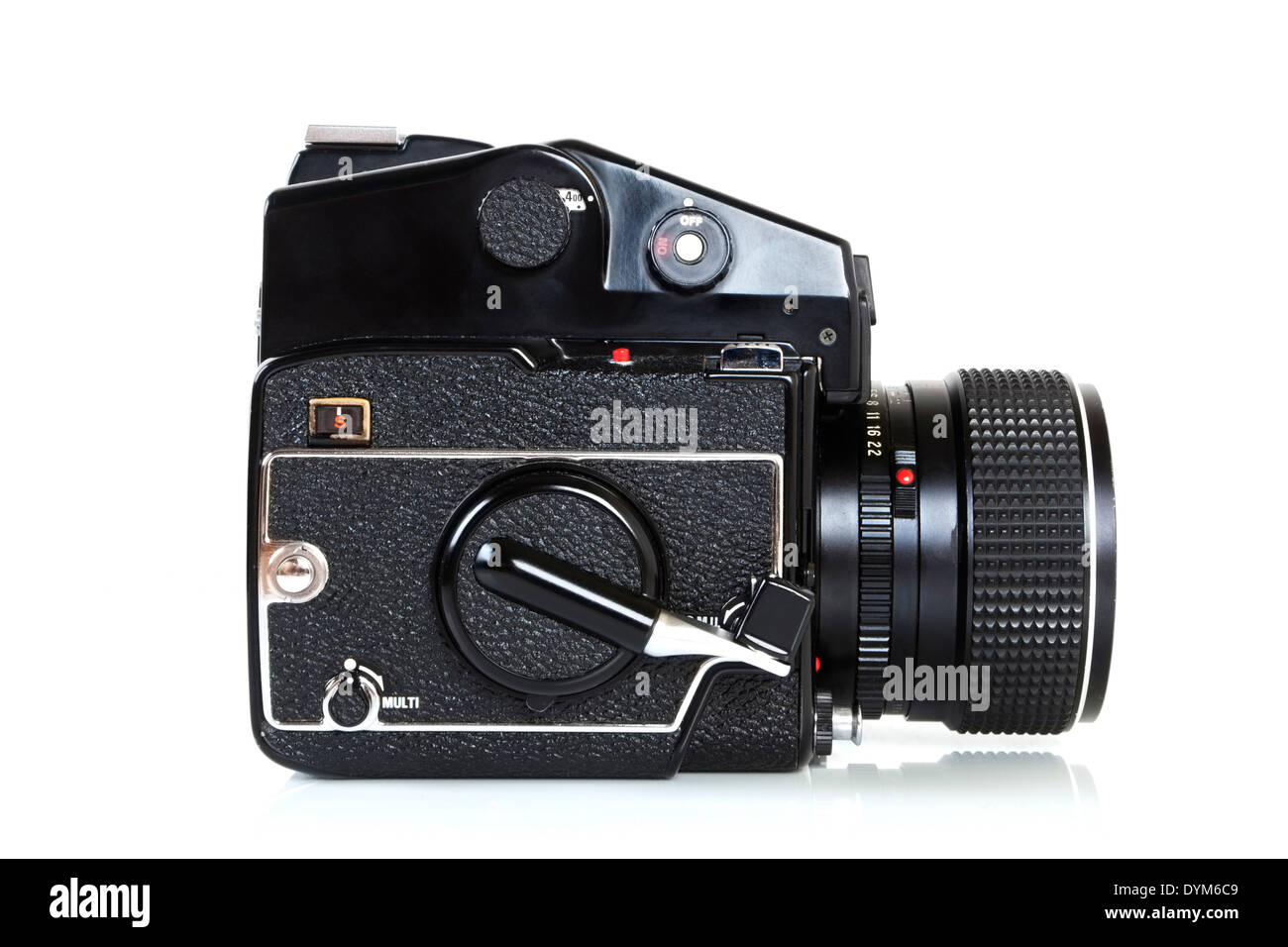 Side view Retro medium format SLR camera from the seventies on white