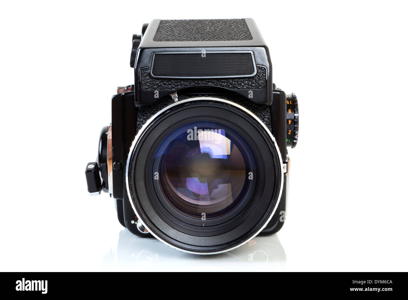 Front view - Retro medium format SLR camera from the seventies on white background. Stock Photo