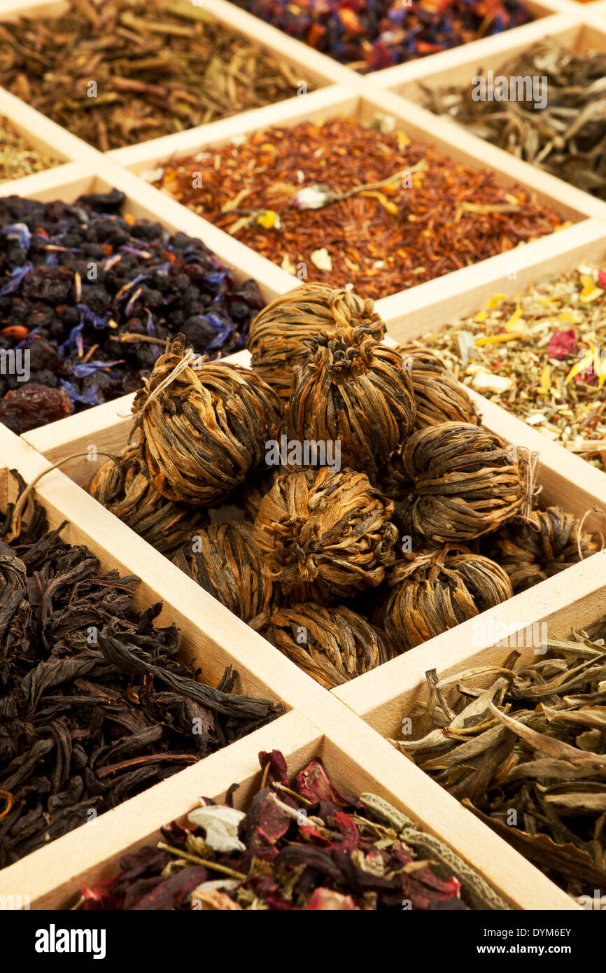 Tea collection. Various tea sorts in wooden box Stock Photo - Alamy