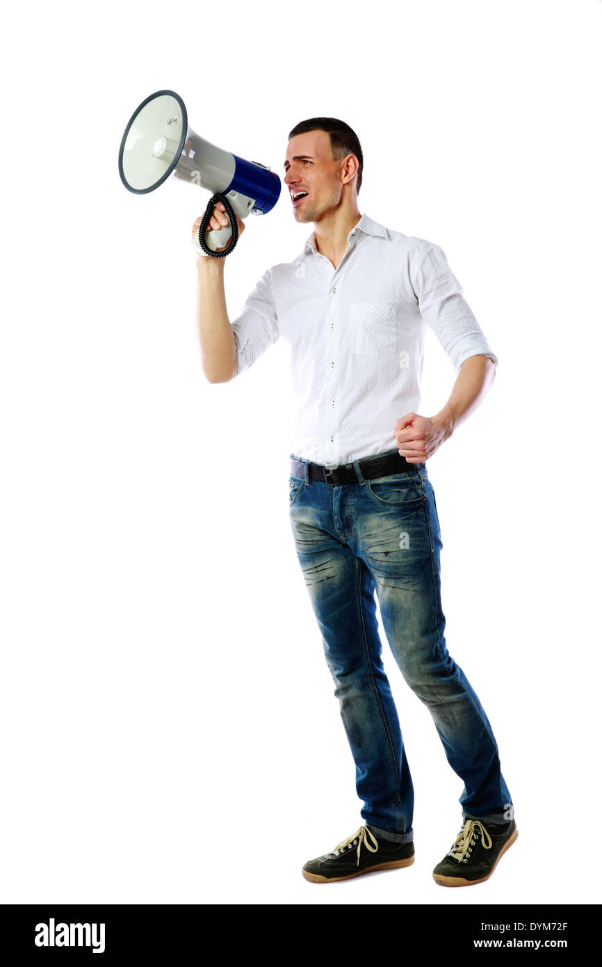 Man shouting through megaphone over white background Stock Photo - Alamy