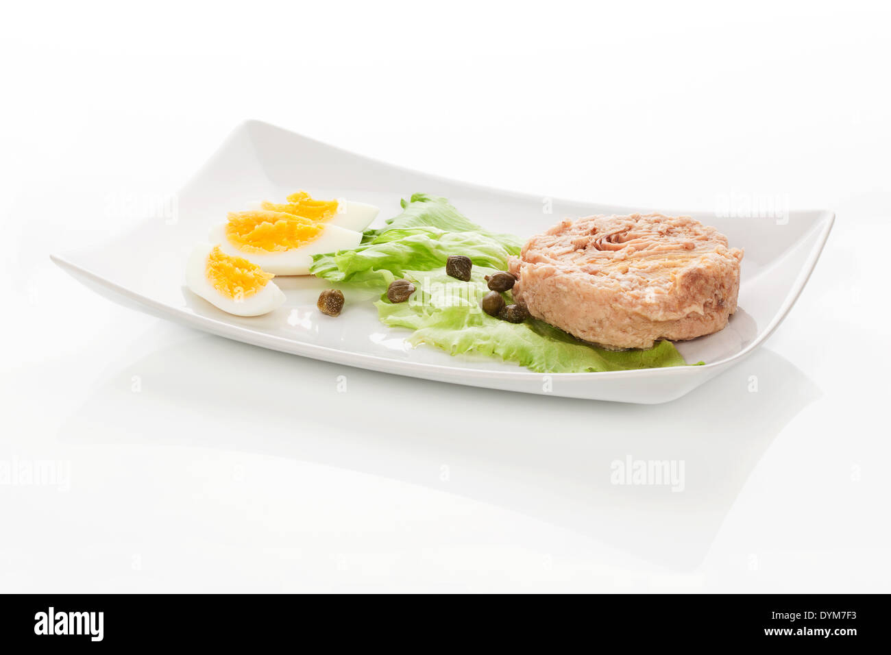 Tuna with lettuce salad and hard boiled egg on white tray isolated on