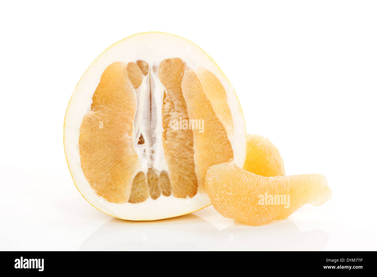 Pomelo and peeled pieces isolated on white background. Healthy fruit