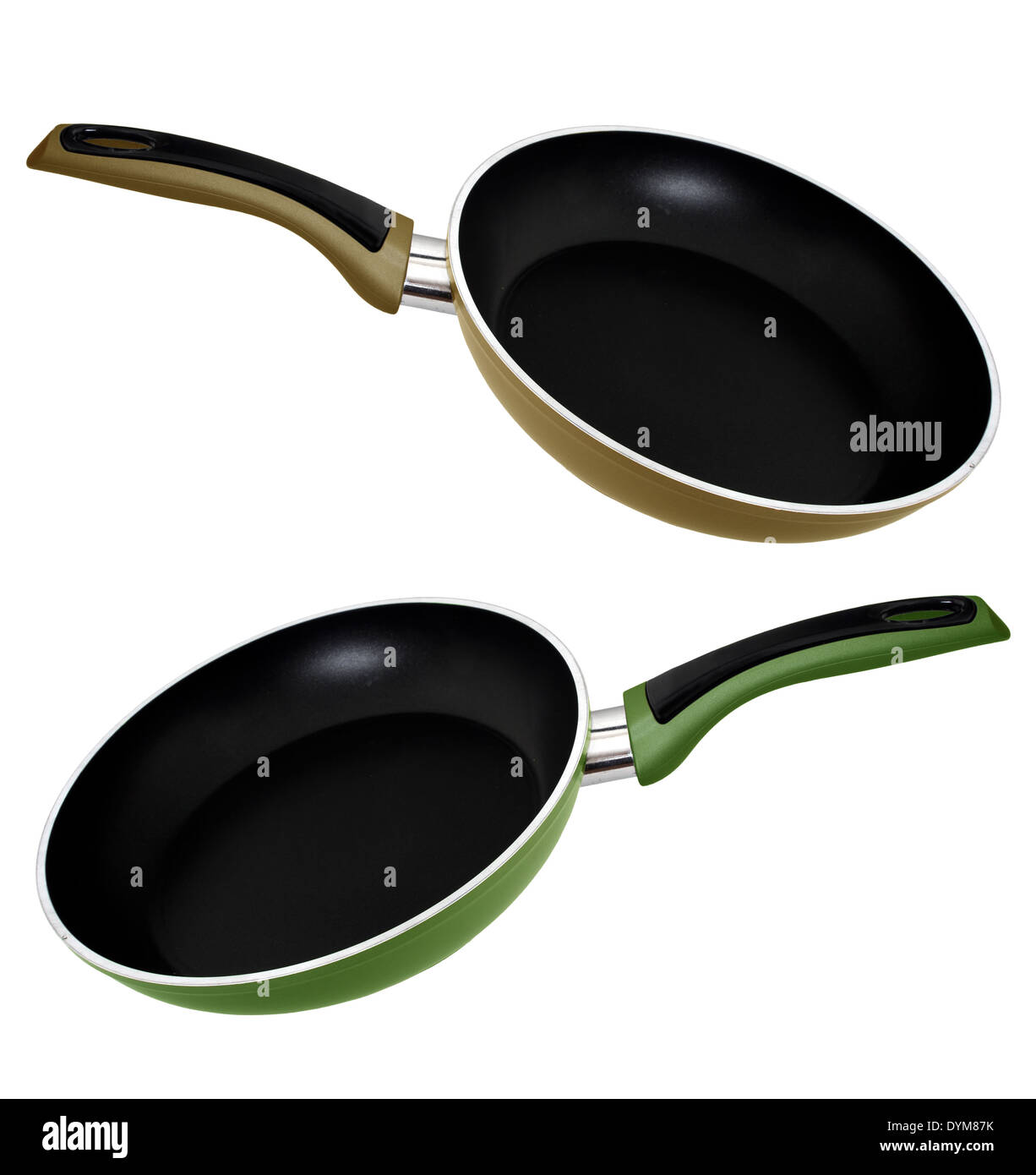 Green and brown frying pans. Stock Photo
