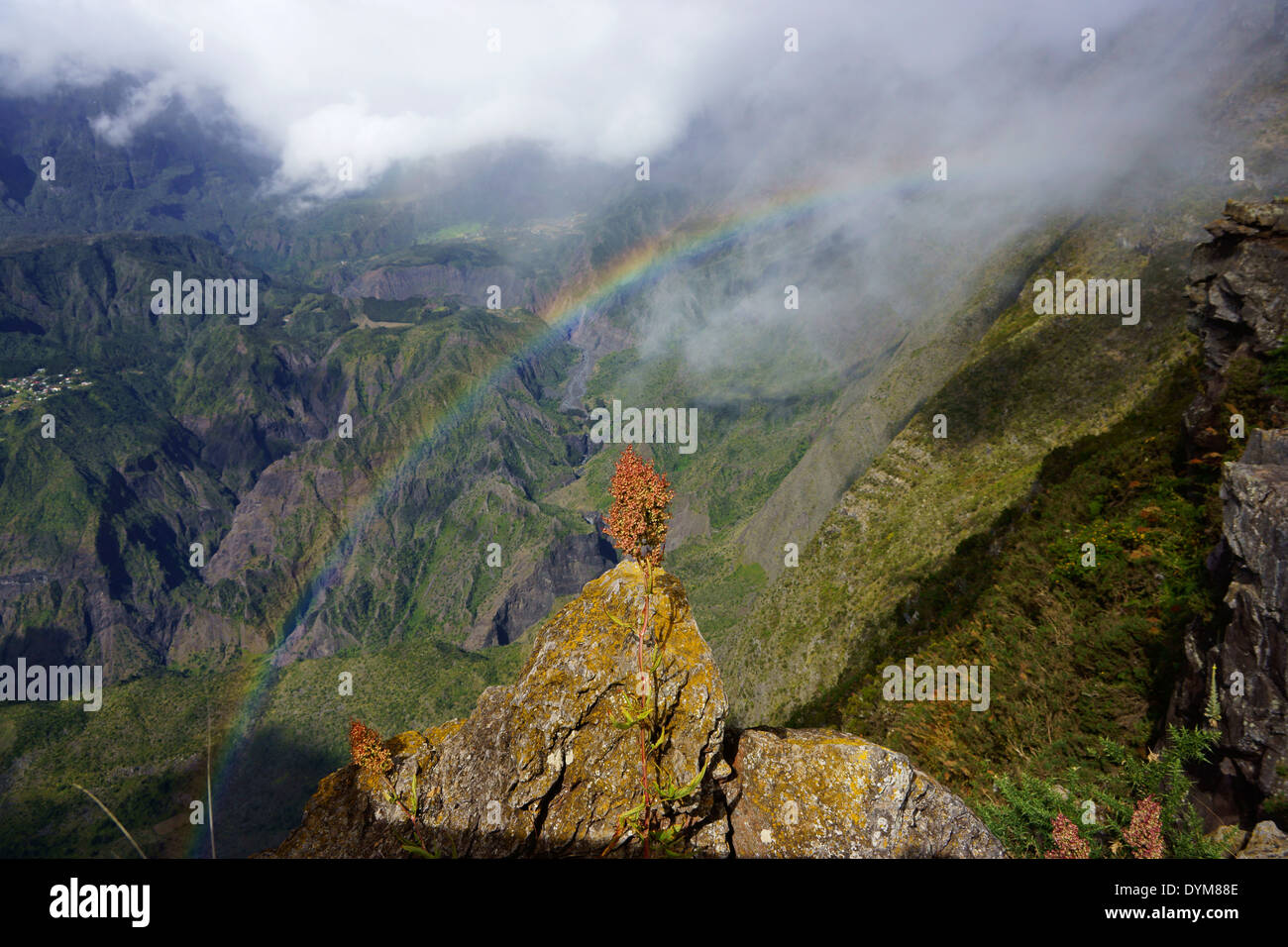 Rainbow in Cirque de Mafate from Maido viewpoint, La Réunion, France Stock Photo