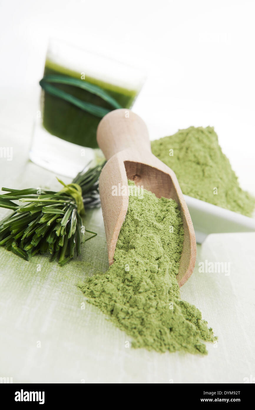 Luxurious green superfood background. Green juice, spirulina, chlorella