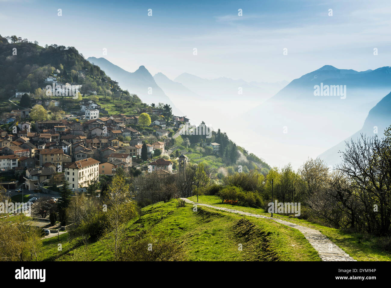 Village of Brè, Monte Brè, Lugano, Lake Lugano, Lago di Lugano, Canton Ticino, Switzerland Stock Photo