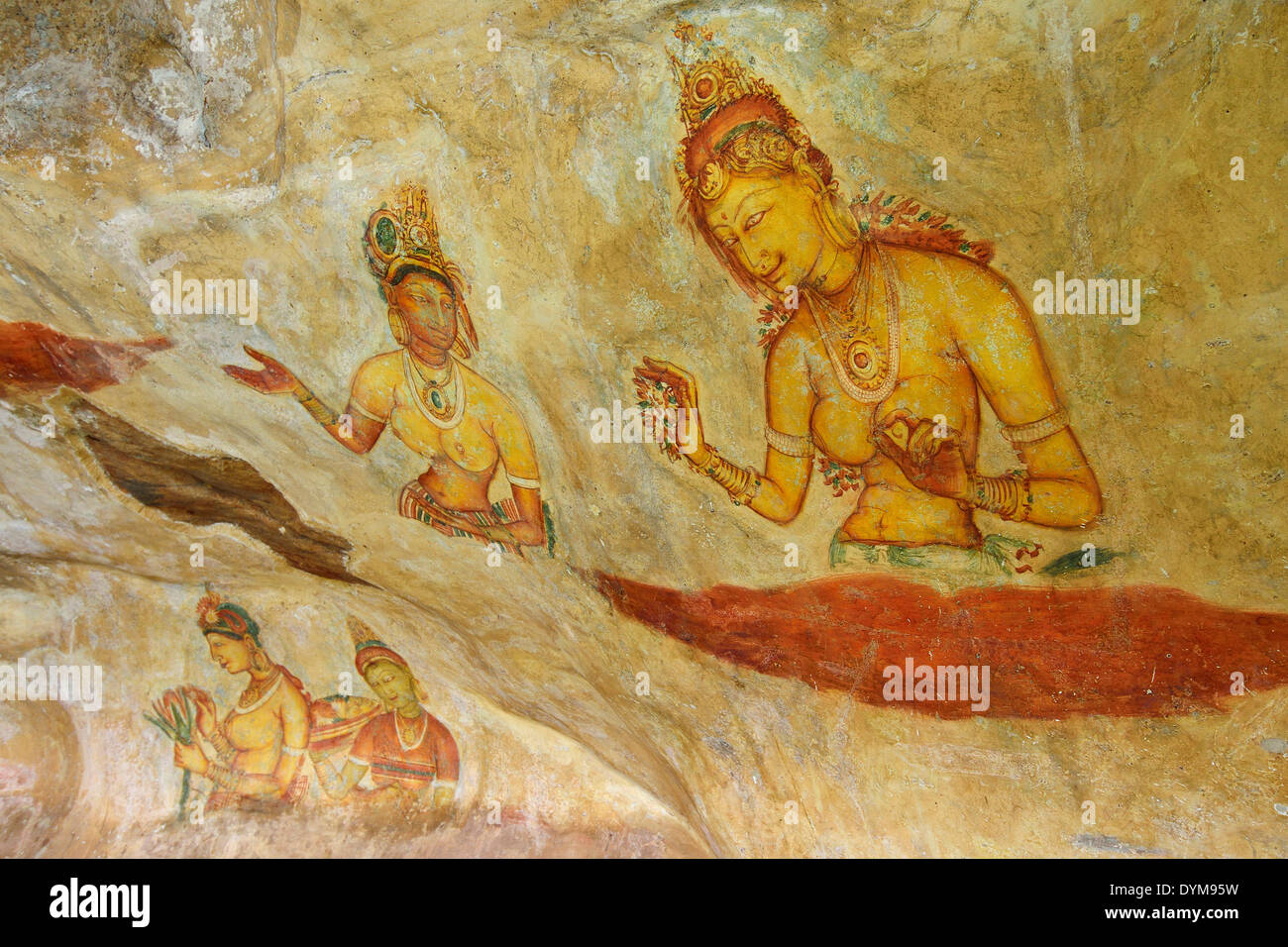Cloud Maidens, rock painting, fresco, mural at Lion Rock, UNESCO World Heritage Site, Sigiriya, Central Province, Sri Lanka Stock Photo