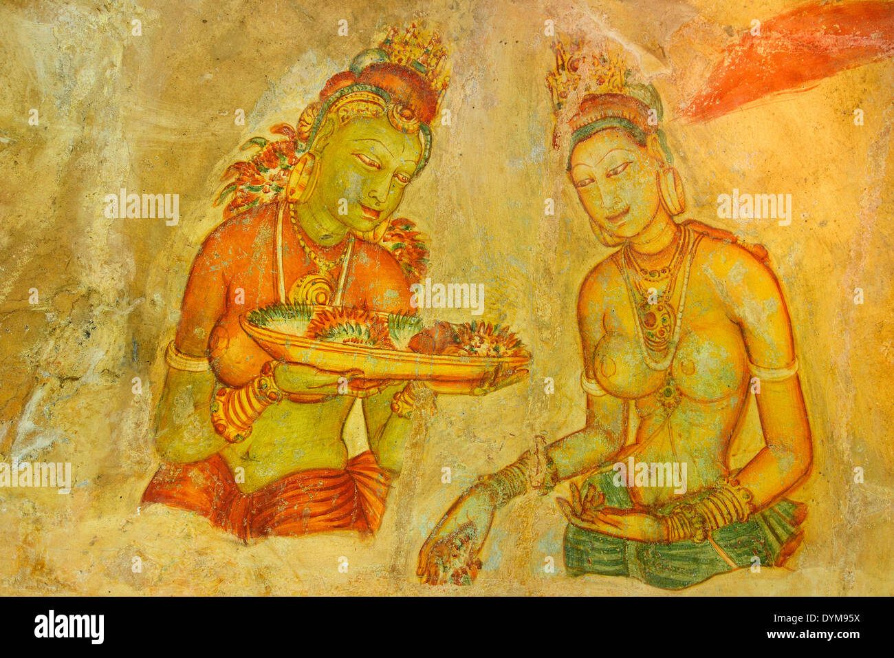 Cloud Maidens, rock painting, fresco, mural at Lion Rock, UNESCO World Heritage Site, Sigiriya, Central Province, Sri Lanka Stock Photo