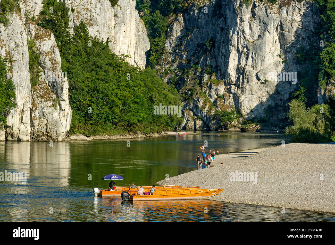 Ferry boats for crossing the Danube River at the Danube Gorge, Kelheim, Lower Bavaria, Bavaria, Germany Stock Photo