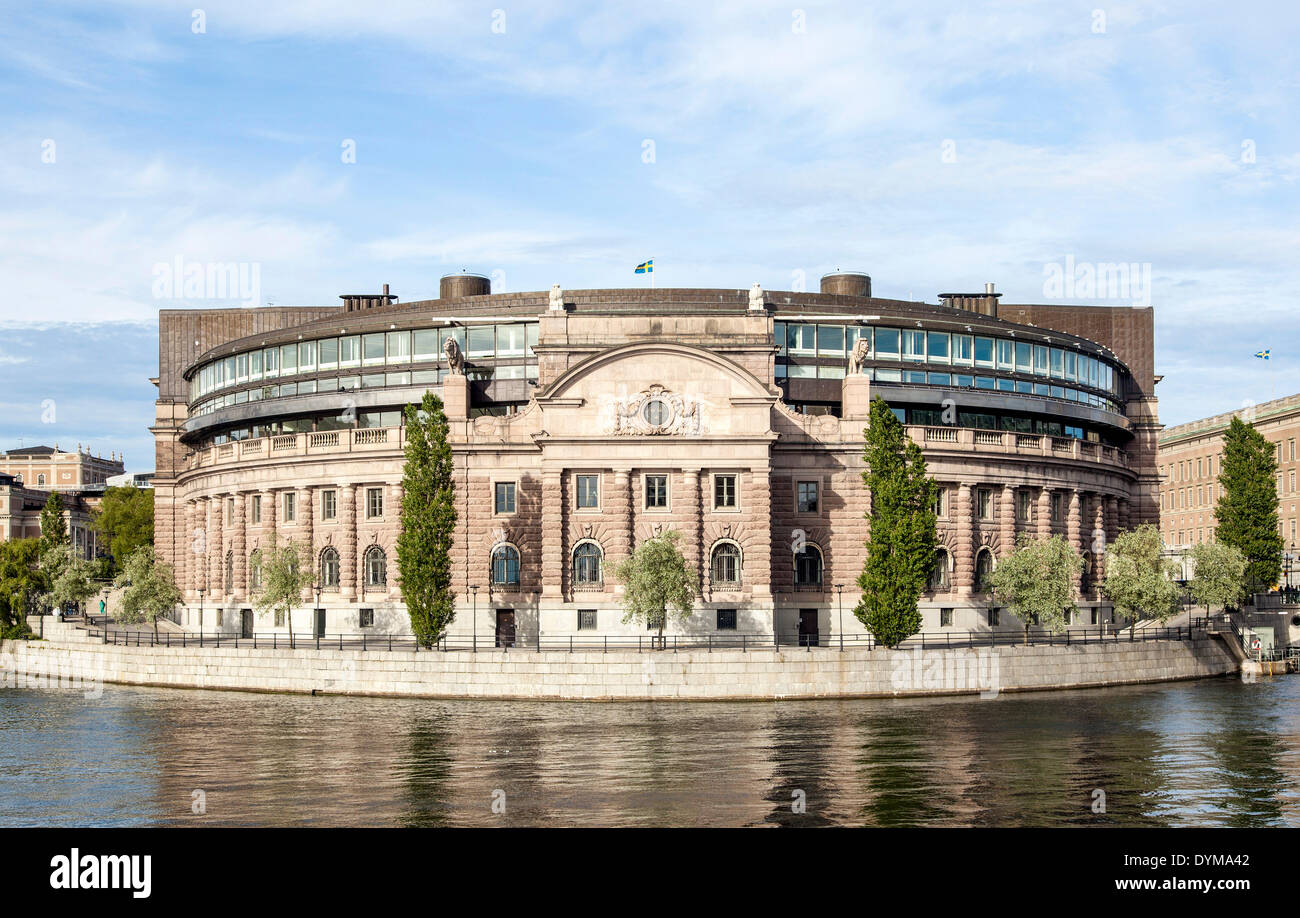 Swedish Parliament House, Riksdagshuset, Island of the Holy Spirit, Helgeandsholmen, Stockholm, Stockholm County or Stockholms Stock Photo