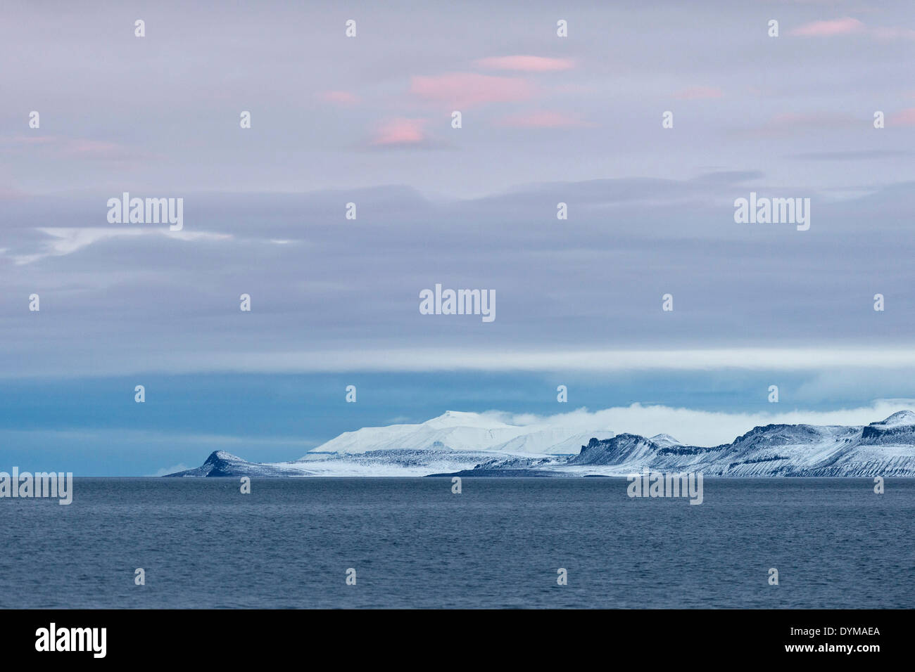 Blue hour, snow-capped mountains, Hinlopenstretet, Svalbard Archipelago, Svalbard and Jan Mayen, Norway Stock Photo