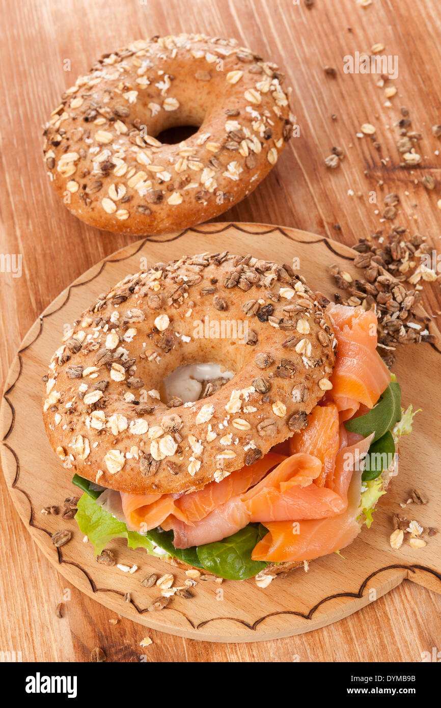 Delicious bagel with smoked salmon. Traditional american healthy eating