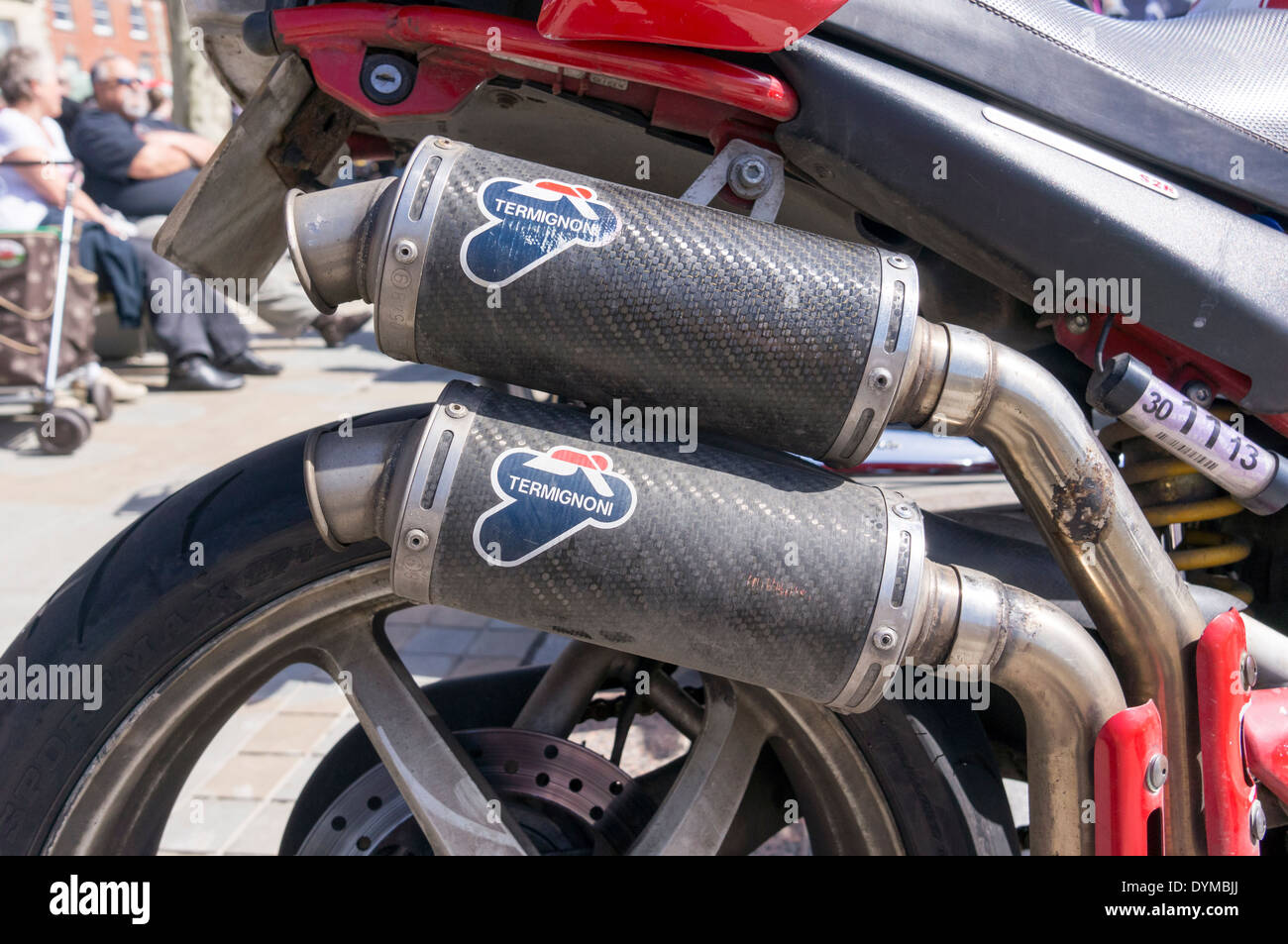 Carbon fiber exhaust mufflers on motorcycle Stock Photo Alamy
