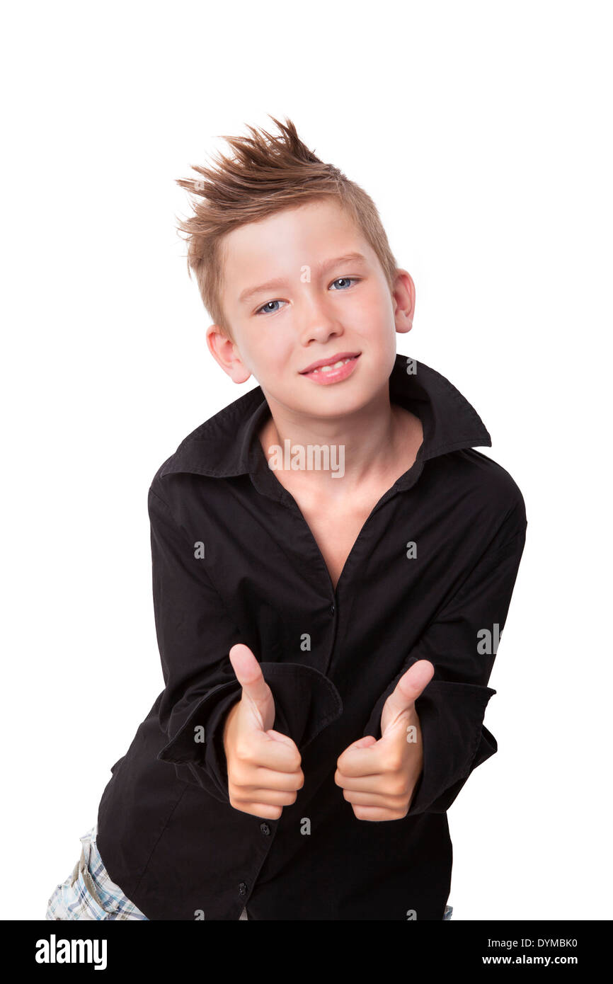 Charming cool boy in black dress shirt holding both thumbs up. Success and winning concept. Stock Photo