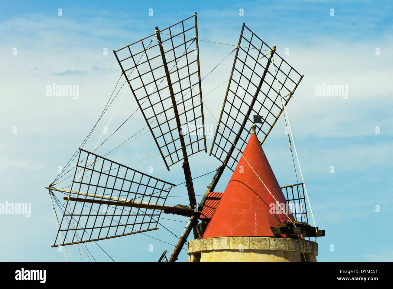 16thC windmill at the Ettore & Infersa Saltworks by the Stagnone Lagoon salt pan area south of Trapani; Marsala, Sicily, Italy Stock Photo