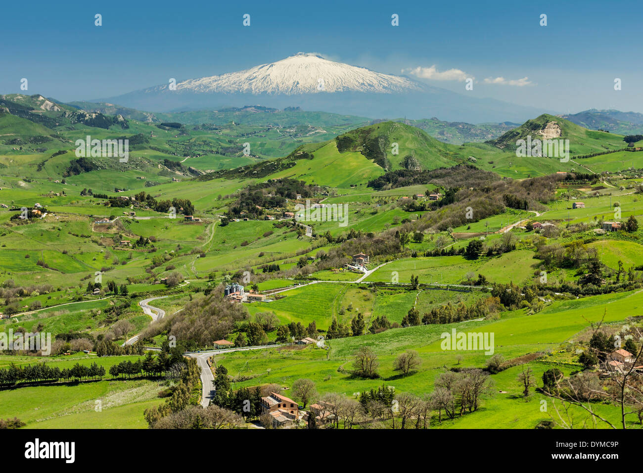 View to snow covered volcano Mount Etna from this central hill town in Spring; Gangi, Palermo Province, Sicily, Italy Stock Photo