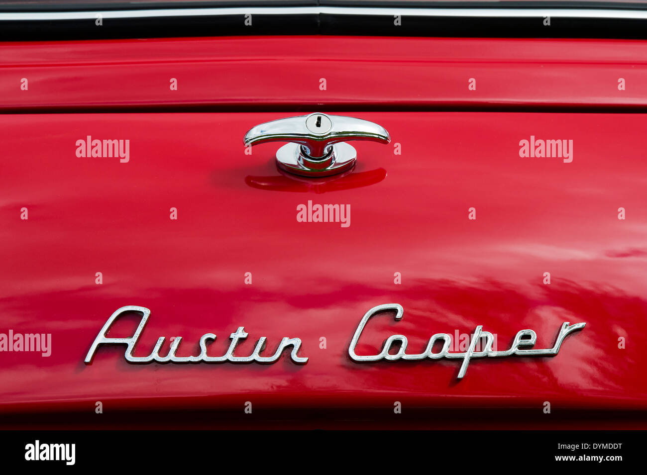 1966 Austin Mini Cooper S Car boot and badge. Classic british car Stock Photo