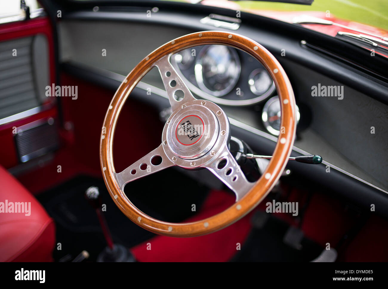 1966 Austin Mini Cooper S Car steering wheel. Classic british car Stock Photo