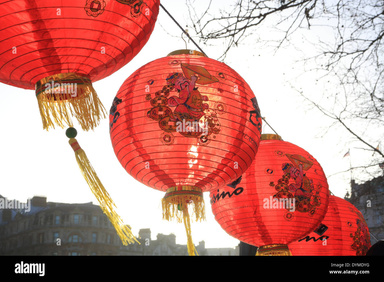 Lanterns for Chinese New Year celebrations in 2014, Year of the Horse, in Trafalgar Square, London, England, UK Stock Photo
