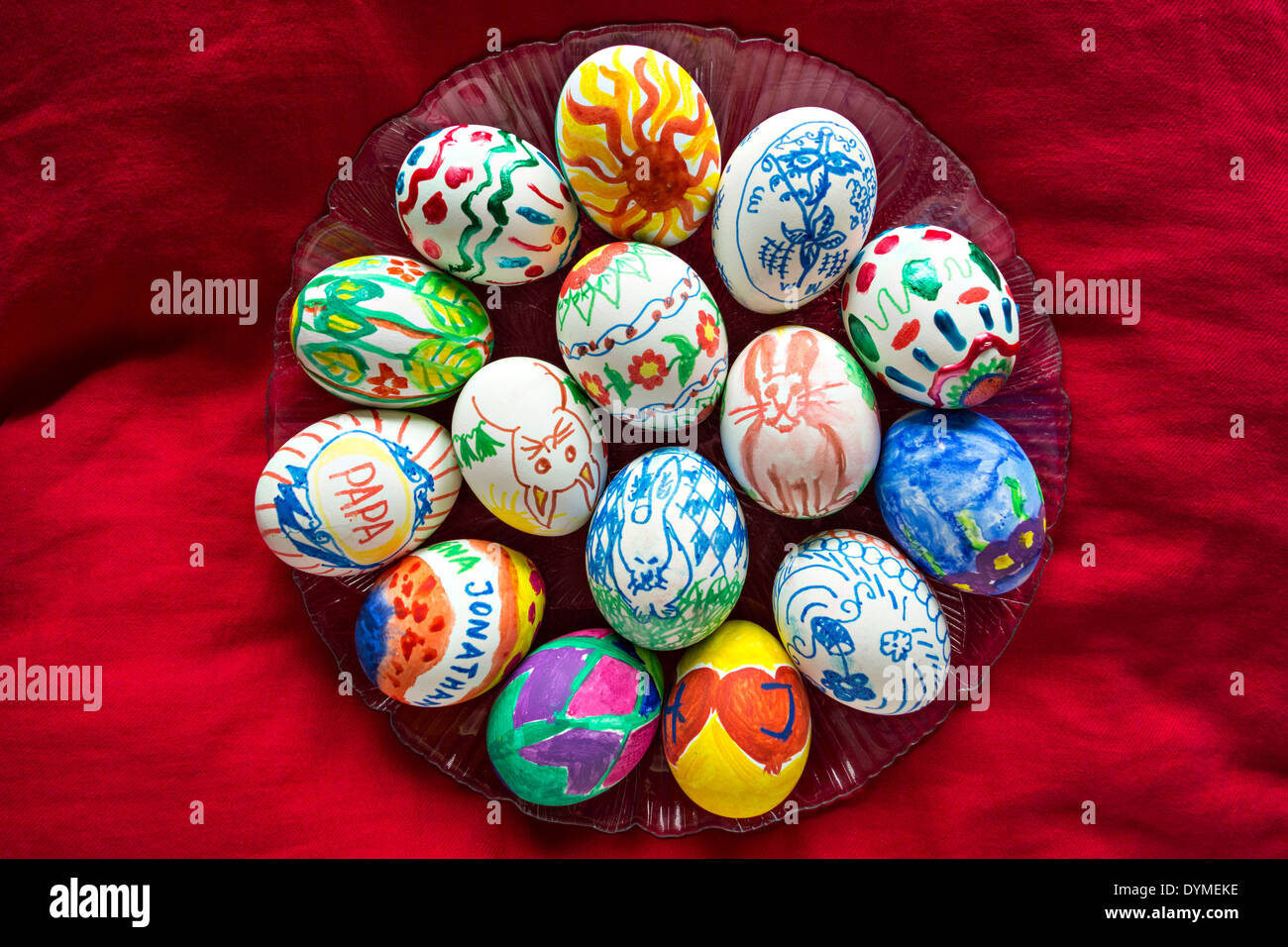 Hand painted eggs with red background Stock Photo Alamy
