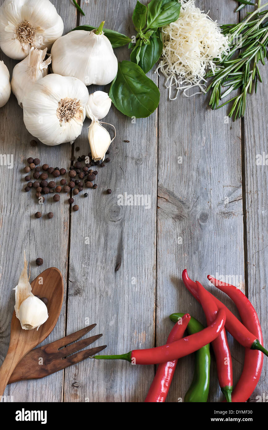 Traditional ingredients of italic cuisine garlic, peppers, basil