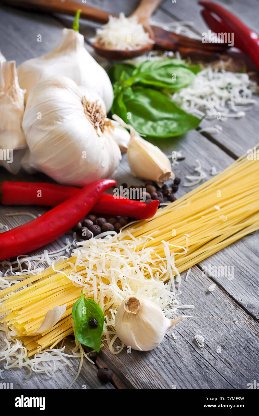Traditional ingredients of italic cuisine pasta, garlic, peppers