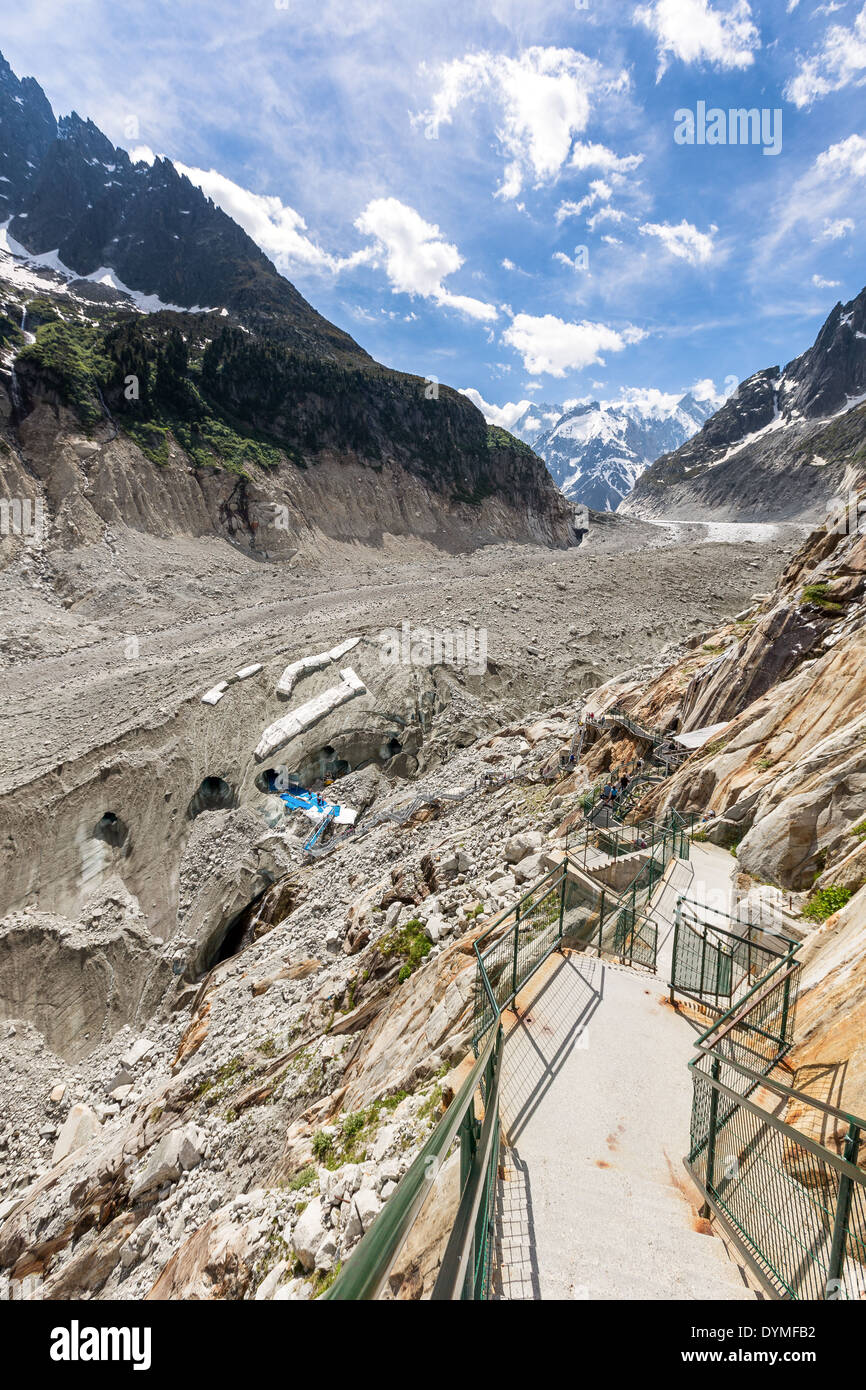 Long stairs to Mer de Glace glacier ice cave, Montevers, Chamonix, France Stock Photo