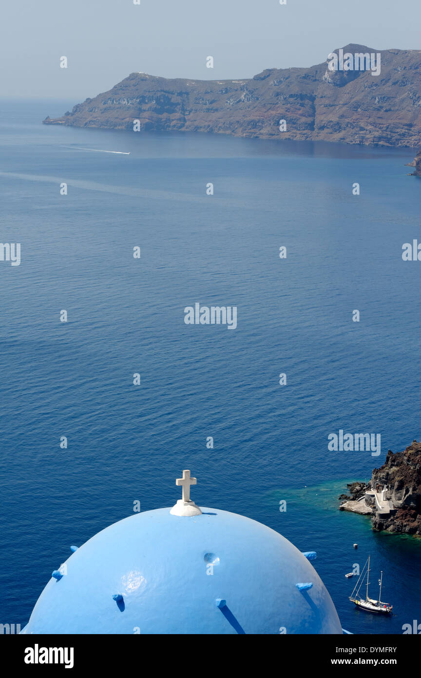Santorini Cyclades Greece View blue church dome azure blue waters Caldera from northern picture postcard Stock Photo