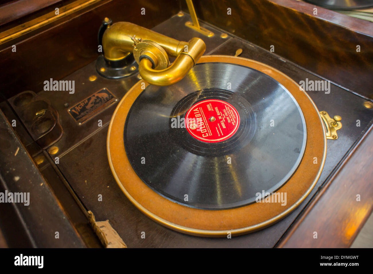 Antique 78prm record and player at The Crate record store in Bushwick in New York on Record Store Day Stock Photo