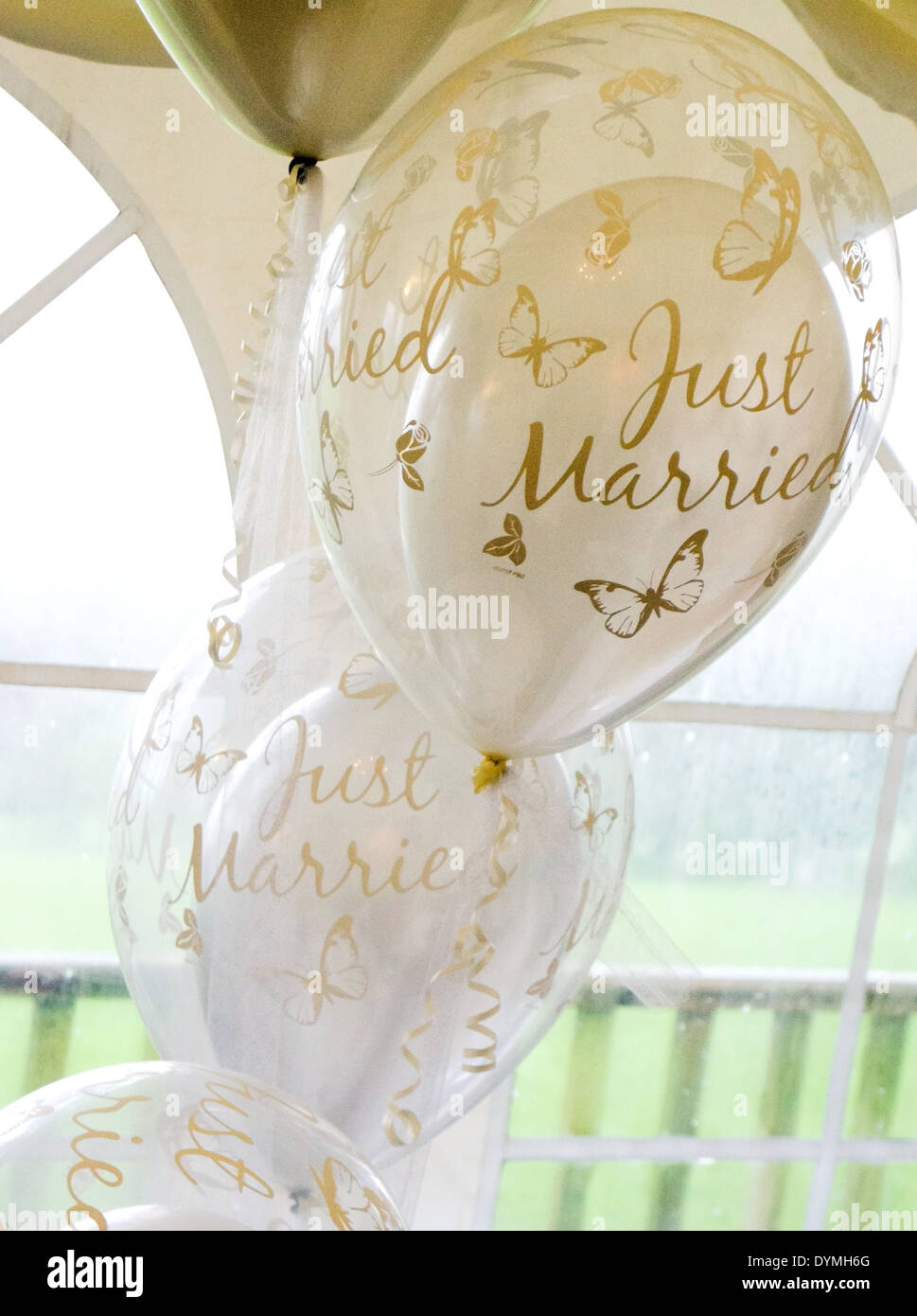 Balloons Saying Just Married At A Wedding Reception Stock Photo