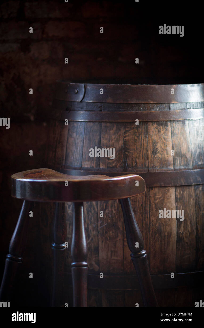 Wooden beer barrel with stool Stock Photo Alamy