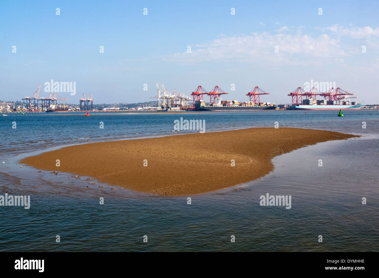 Durban harbor in South Africa at low tide showing sand bank island