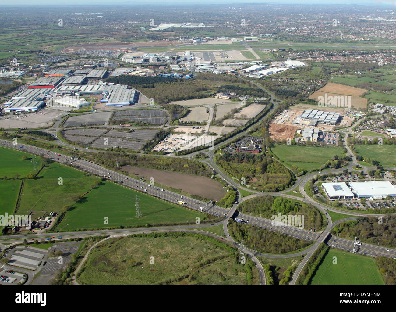 aerial view of a roundabout junction on top of the M42 (but no direct access to the motorway) looking west towards the NEC & Birmingham Airport Stock Photo