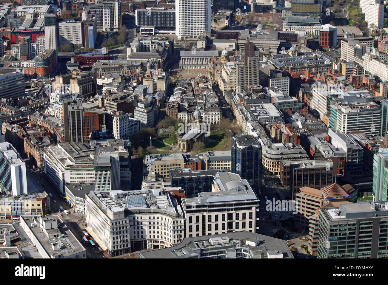 aerial view of Great Western Arcade, Shopping Centre, Birmingham looking down Temple Row & the Minories road towards St Philip's Cathedral Stock Photo